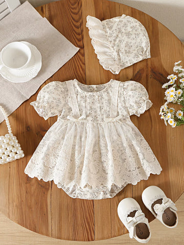 2 Baby Girl Autumn Flower Bodysuit w/ Bonnet Hat