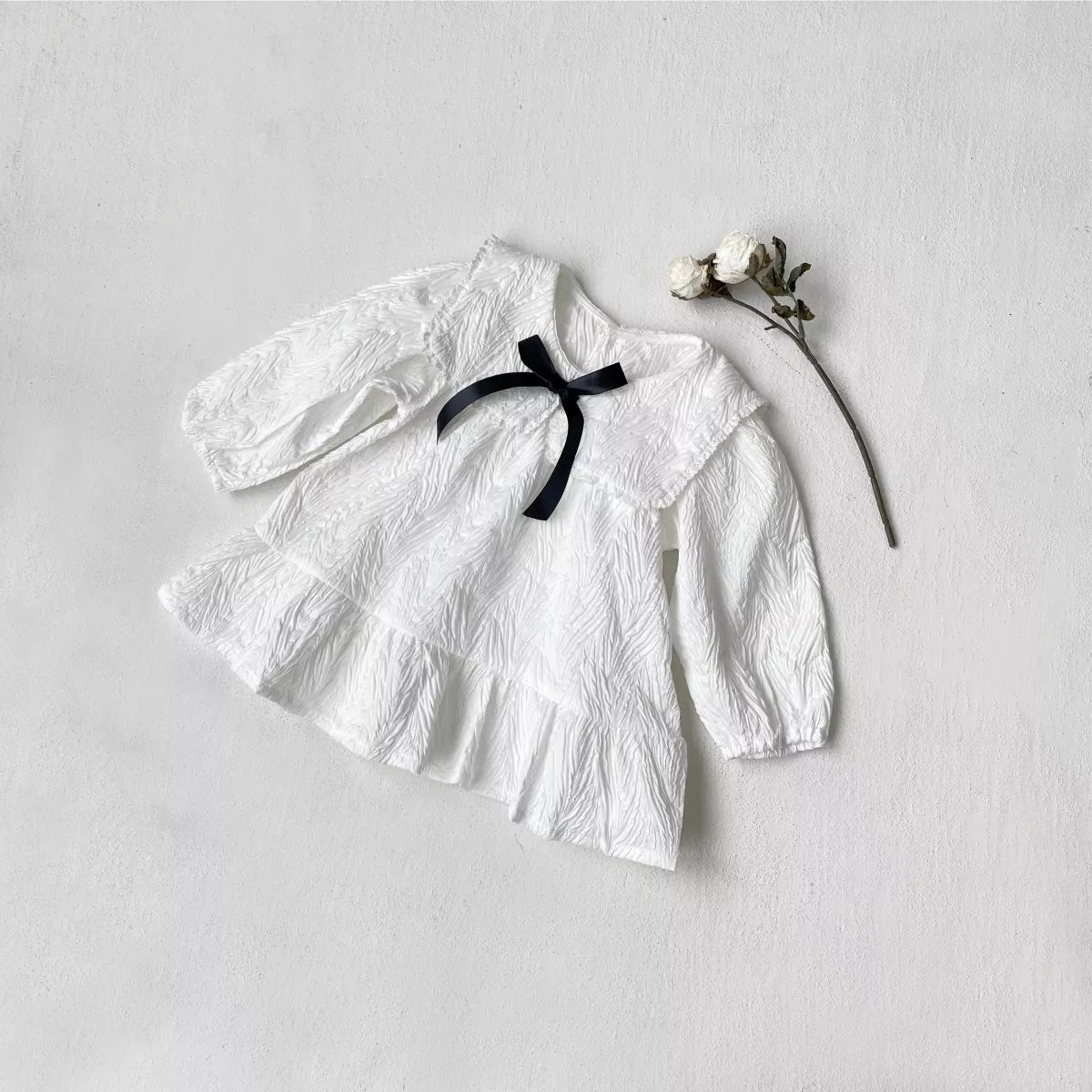 Baby Girl Textured Butterfly Collar Bow Dress