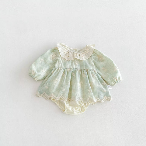 Baby Girl Floral Embroidered Lace Collar Bodysuit Dress