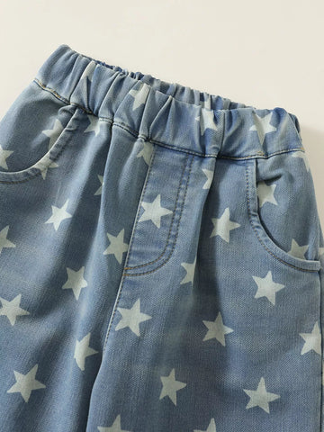 Toddler Girls Star Print Wide Leg Denim Pant