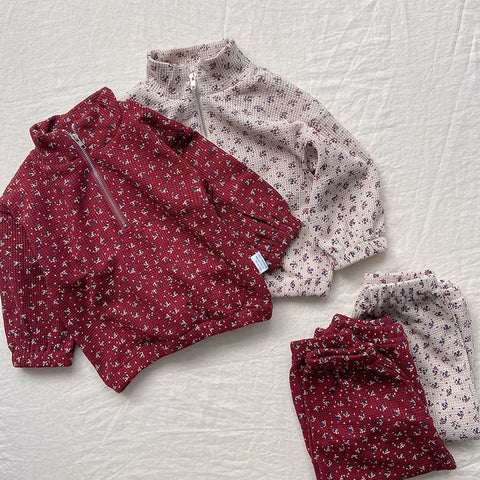 2 Pc Unisex Kids Floral Print Zip Up Waffle Set