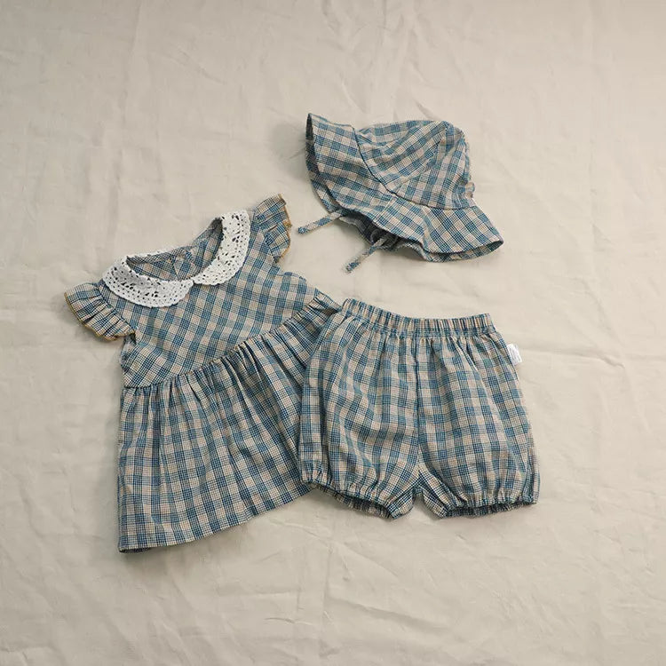 3 Pc Baby Girl Plaid Dress, Bloomers & Bonnet Set