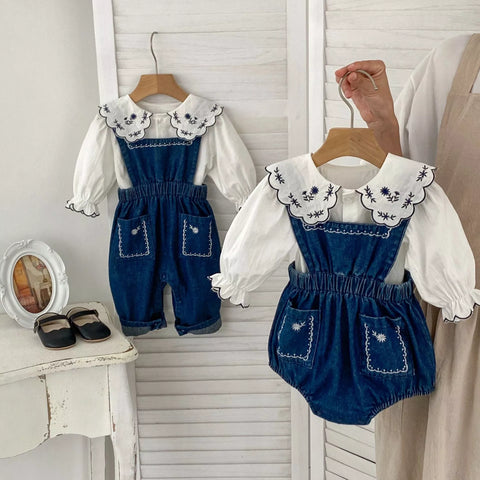 2 Pc Baby Girl Denim Pinafore w/Shirt