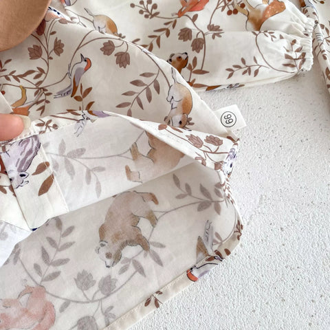 2 Pc Baby Girl Forest Animals Print Corduroy Overalls Set