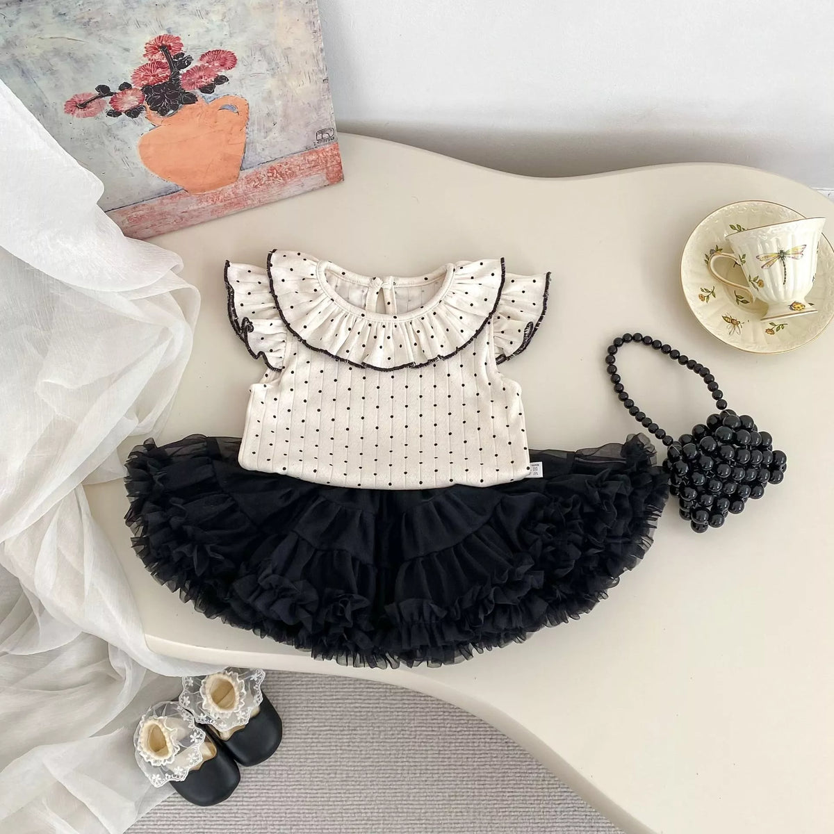 2 Pc Girls Ruffle Polka Dot Shirt w/ Tutu Skirt