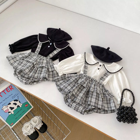 2 Pc Baby Girl Plaid Overall Skirt w/ Collar Shirt