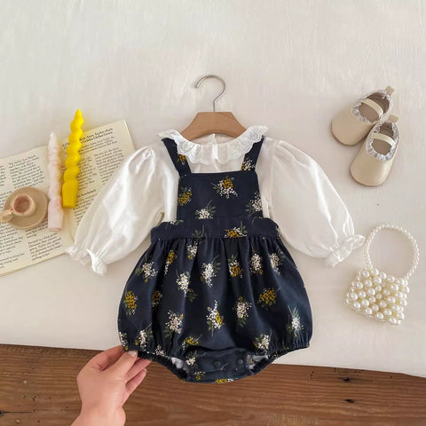 2 Pc Baby Girl Floral Bouquet Overall w/ Long Sleeve Top Set