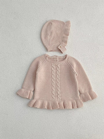2 Pc Baby Girls Peplum Knit Sweater w/ Hat