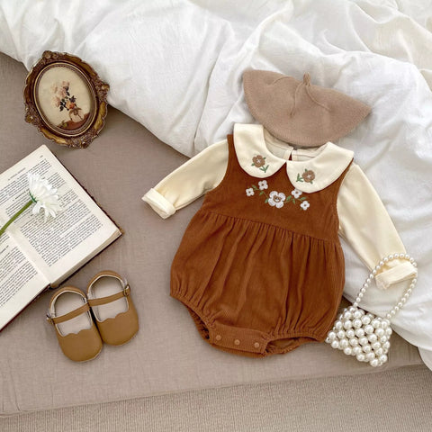 2 Pc Baby Girl Spring Flower Corduroy Overall Bodysuit
