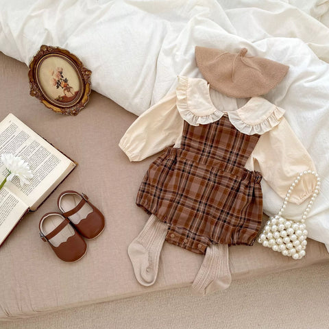 2 Pc Baby Girl Autumn Plaid Bodysuit w/ Ruffle Collar Shirt