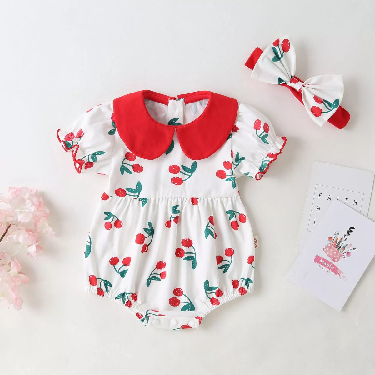 2 Pc Baby Girl Cherry Collar Bodysuit w/ Headband