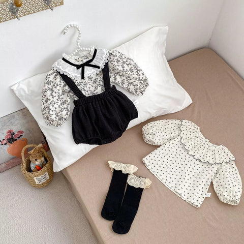 2 Pc Parisian Overall Bloomer with Ruffle Collar Shirt