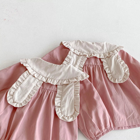 Baby Girl Cotton Ruffle Bunny Ears Collar Bodysuit/Dress