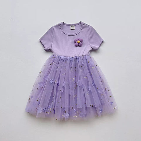 Girls Mesh Skirt Flower Tee Shirt Dress