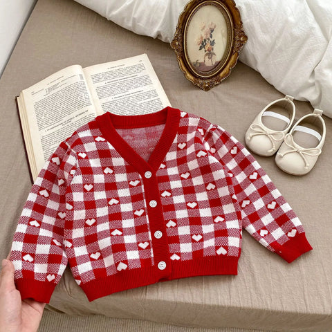 2 Pc Baby Girl Hearts Blocks Knit Cardigan & Bodysuit Set
