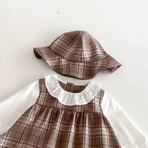 2 Pc Baby Girl Long Sleeve Plaid Dress with Hat