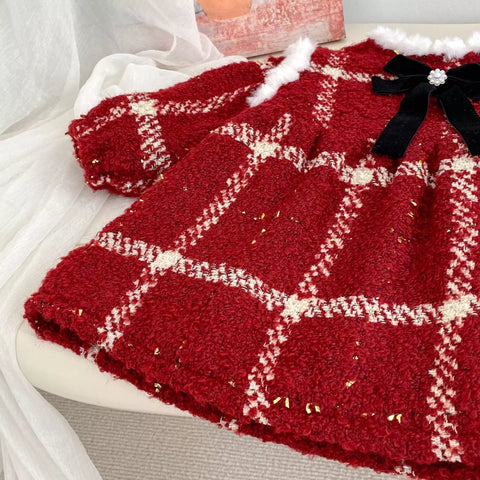 Girls Winter Plaid Furry Trim Dress
