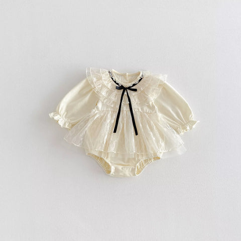 Baby Girl Romantic Lace Contrast Ribbon Bow Tie Dress