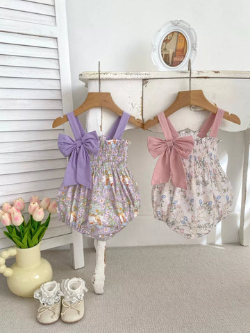 Baby Girl Spring Print Smocked Bow Bodysuit