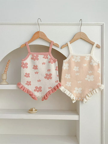 Baby Girl Flower Print Knit Ruffle Hem Bodysuit