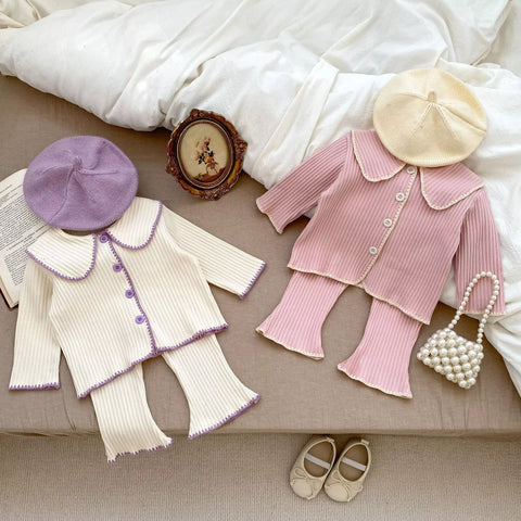 2 Pc Girls Ribbed Coverstitch Cardigan Set