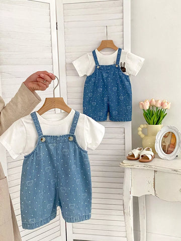 Unisex Bear Polka Dot Denim Shorts Overalls