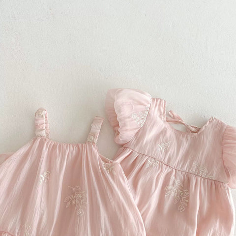 Baby Girl Bubble Sleeve Embroidered Fabric Bodysuit