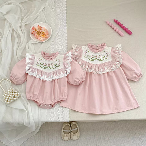 Girls Floral Embroidery Bib Bodysuit Dress