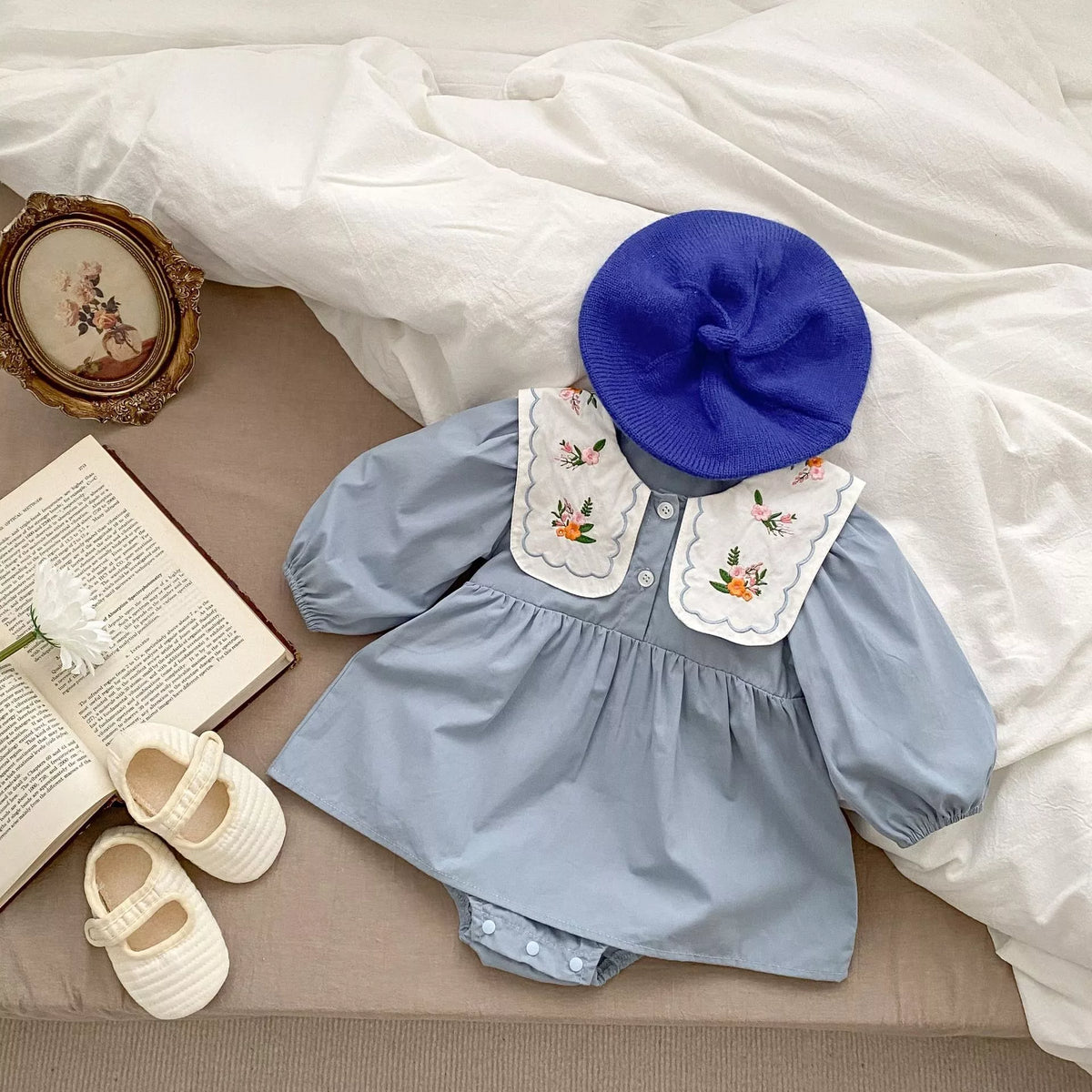 Baby Girl Floral Embroidery Collar Bodysuit Dress
