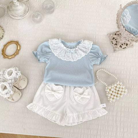 2 Pc Baby Girl Ribbed Tee & Hearts Pocket Shorts