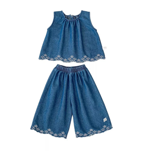 2 Pc Embroidered Hem Tank Top & Shorts Set