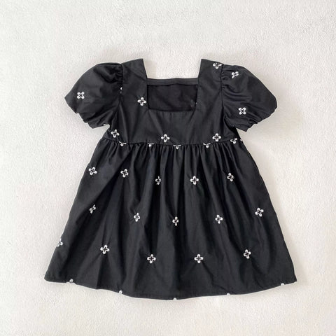 Girls Clover Embroidery Bubble Sleeve Bodysuit Dress