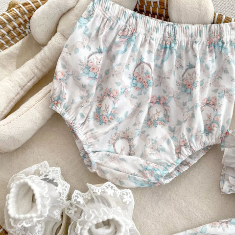 2 Pc Baby Girls Vintage Rabbit Print Shirt & Bloomer Set