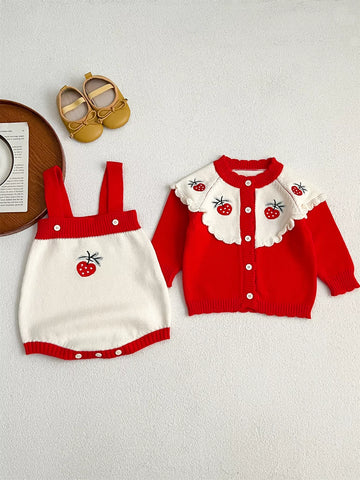 2 Pc Baby Girl Strawberry Contrast Cardigan & Bodysuit Set