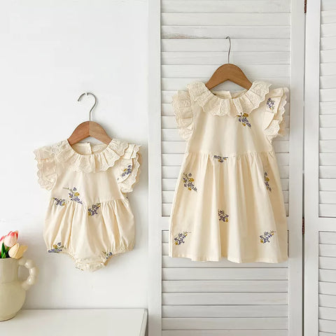 Girls Flower Embroidery Ruffle Collar Bodysuit or Dress