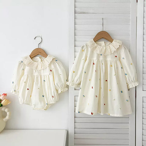 Girls Mini Fruit Embroidery Ruffle Collar Bodysuit or Dress