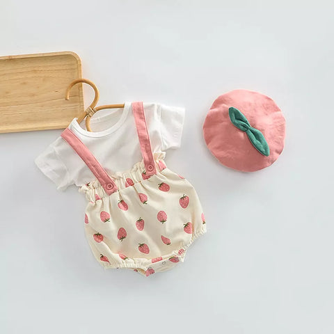 3 Pc Baby Girl Berry Bloomer Shorts, tee & Hat