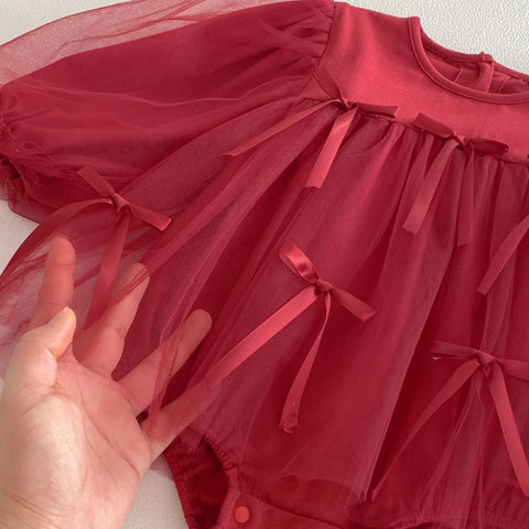 Baby Girl Red Ribbon Tulle Bodysuit Dress
