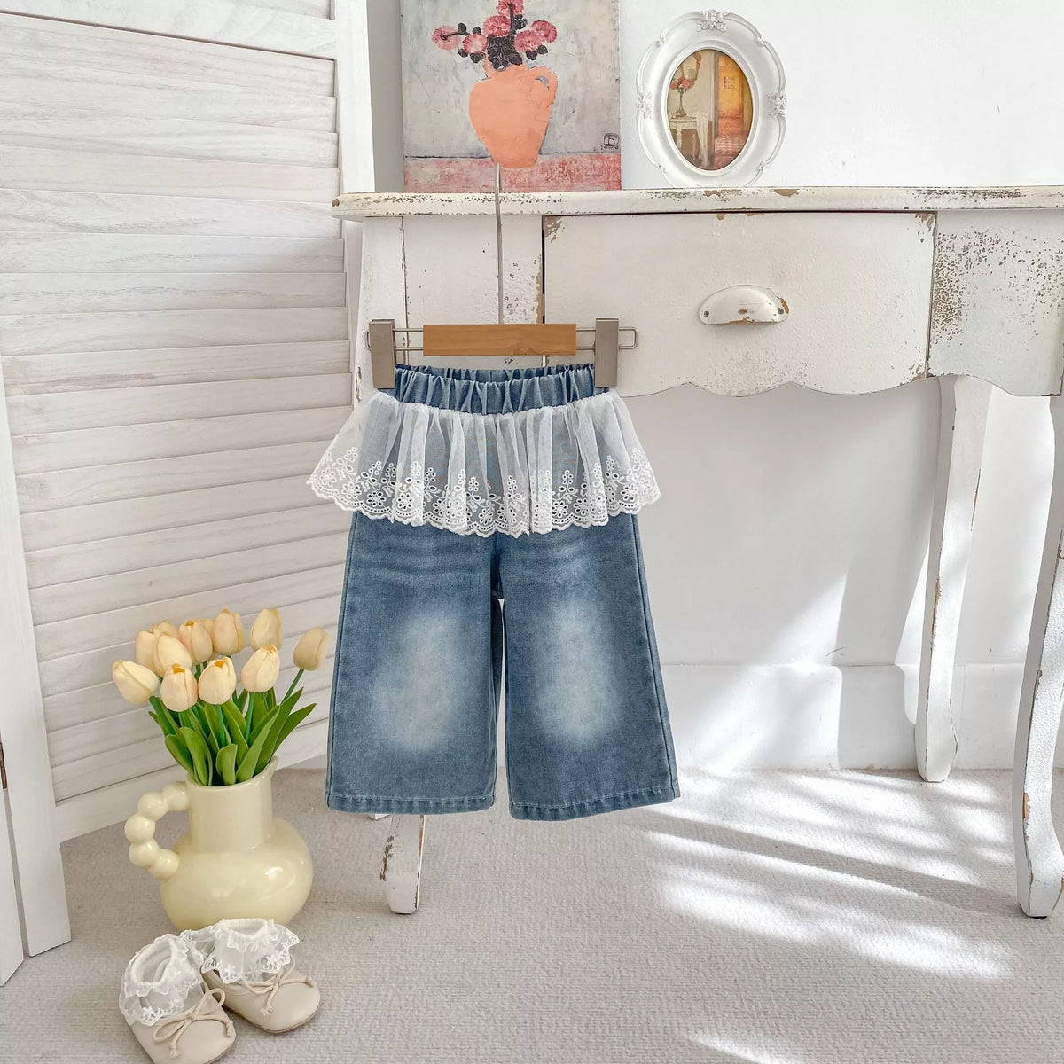 Girls Wide leg Jeans w/ Lace Skirt Overlay