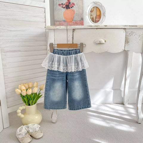 Girls Wide leg Jeans w/ Lace Skirt Overlay