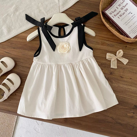 Girls Contrast Bow Camellia Flower Dress