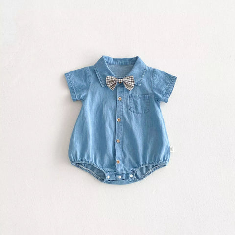 Baby Boy Button Up Bow Tie Chambray Bodysuit