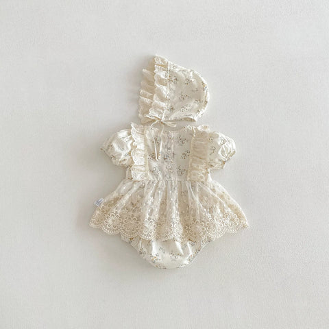 2 Pc Baby Girl Ditsy Lace Floral Dress with Bonnet