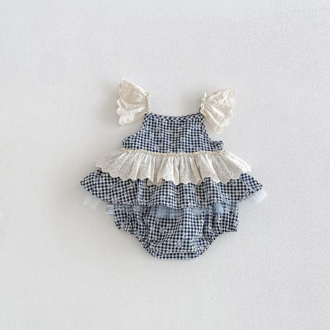 Baby Girls Gingham Lace Sleeve Bodysuit Dress