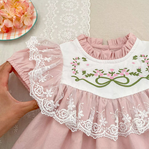 Girls Lace Trim Flower Embroidered Bodysuit or Dress