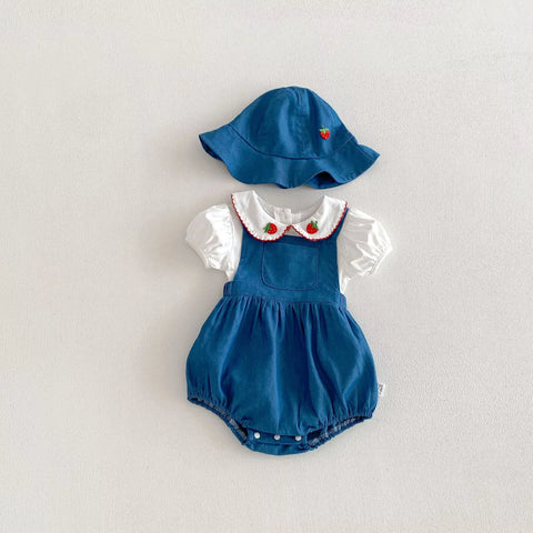 3 Pc Strawberry Overall Bodysuit w/ Collar Shirt & Hat