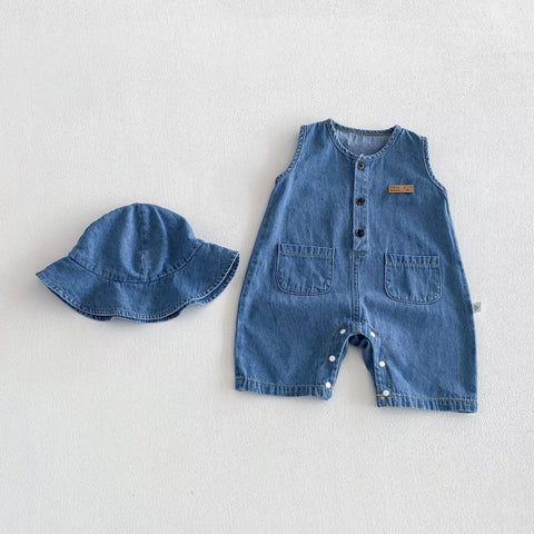 2 pc Baby Boy Denim Romper w/ Hat