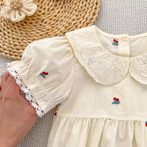 Girls Cotton Cherry Embroidered Puff Sleeve Bodysuit or Dress