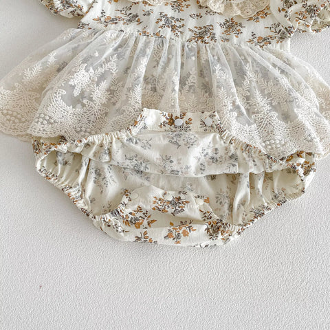 2 Pc Baby Girl Vintage Style Bodysuit w/ Bonnet
