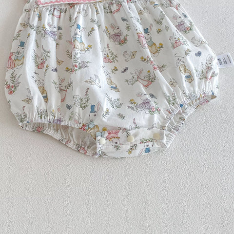 Baby Girl Square Bib Collar Bunny Print Bodysuit